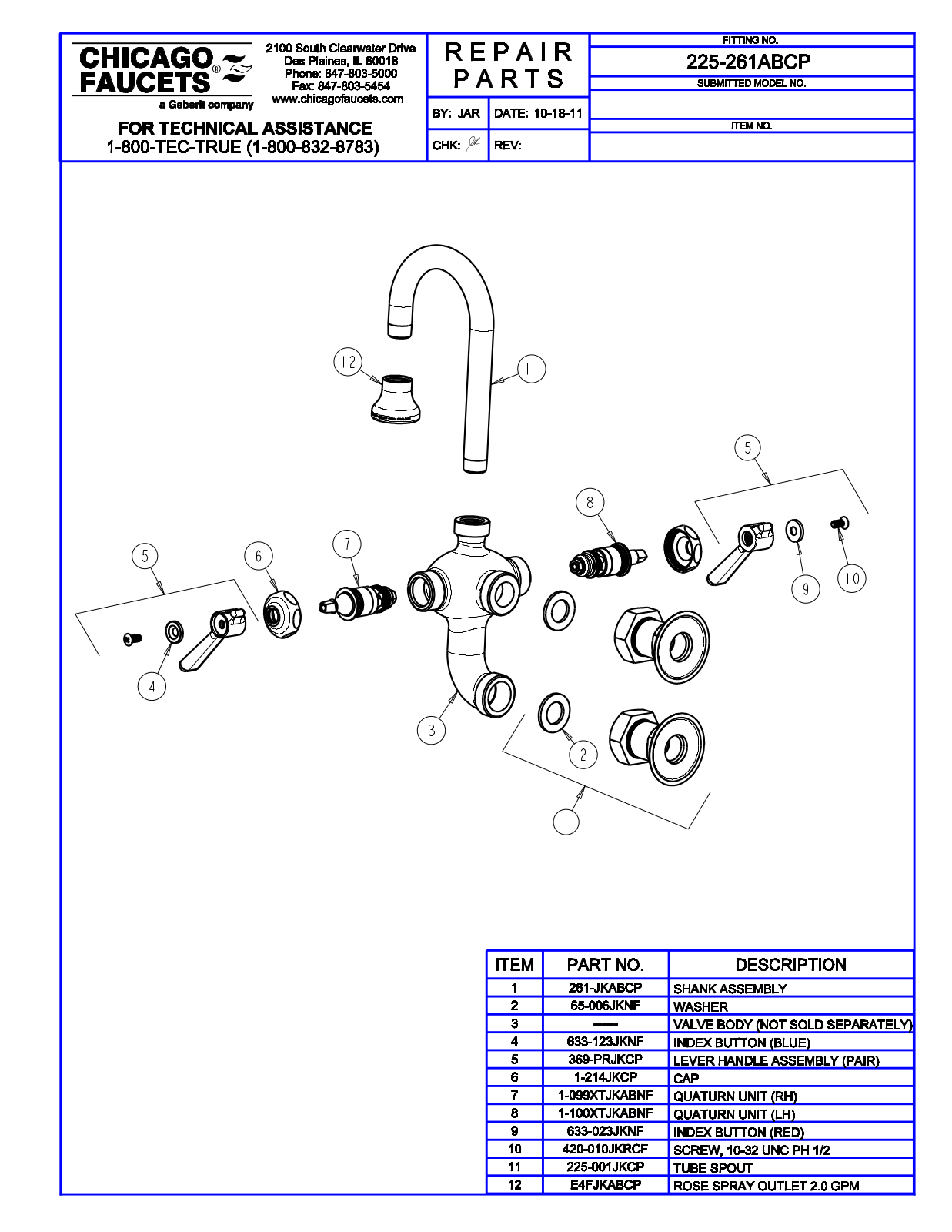 Chicago Faucet 225-261AB Parts List