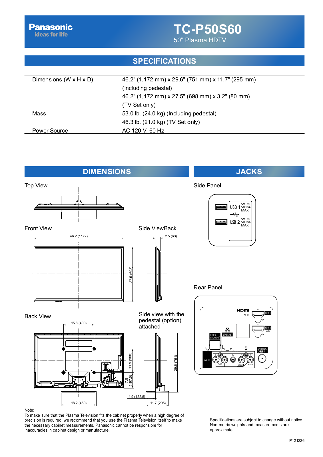 Panasonic tc-p50s60 cut sheet - ManualMachine.com