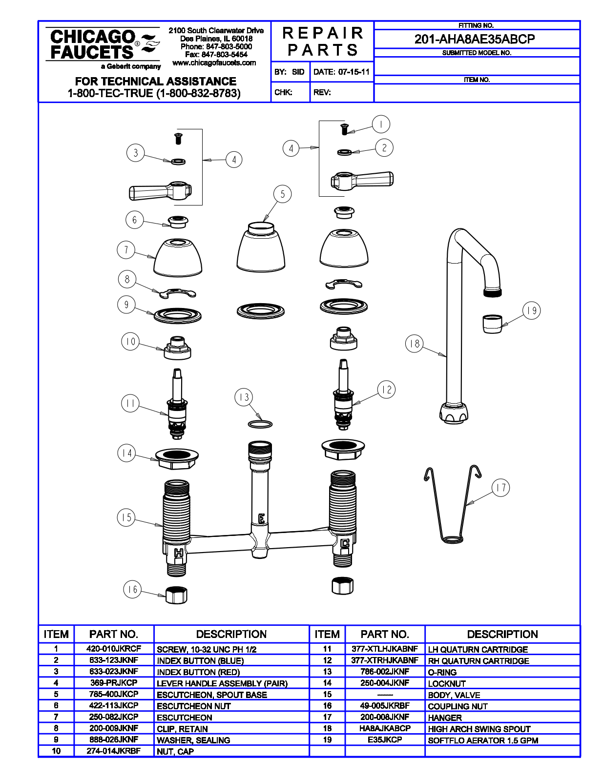 Chicago Faucet 201-AHA8AE35ABCP Parts List