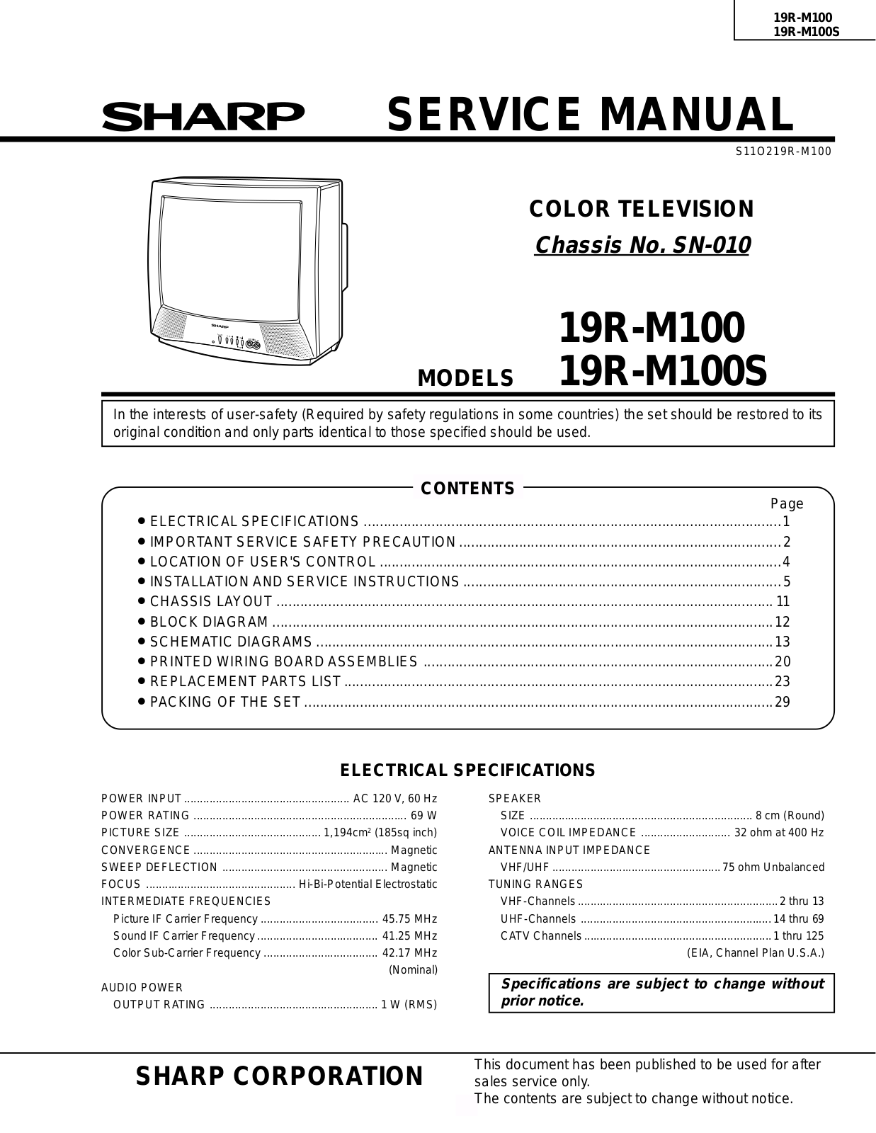 Sharp 19R-M100, 19R-M100S User Manual