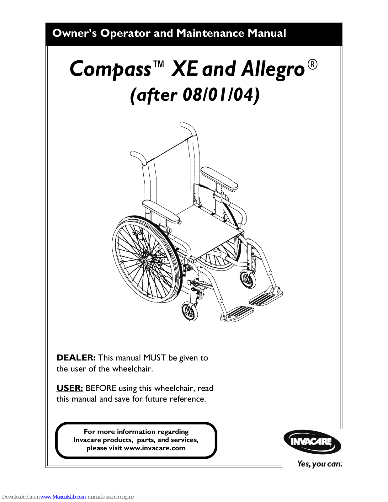 Invacare Compass XE, Compass Allegro Owner's Operator And Maintenance Manual