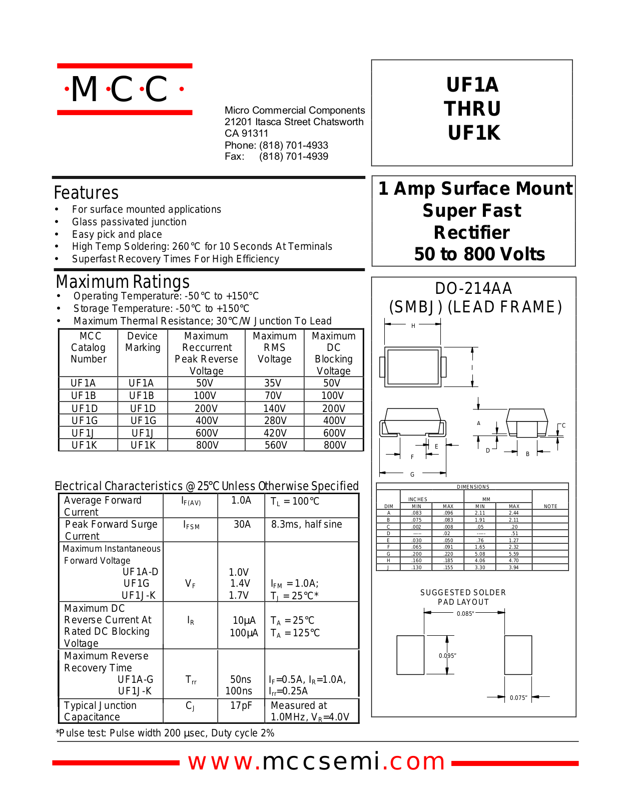 MCC UF1B, UF1A, UF1D, UF1J, UF1G Datasheet