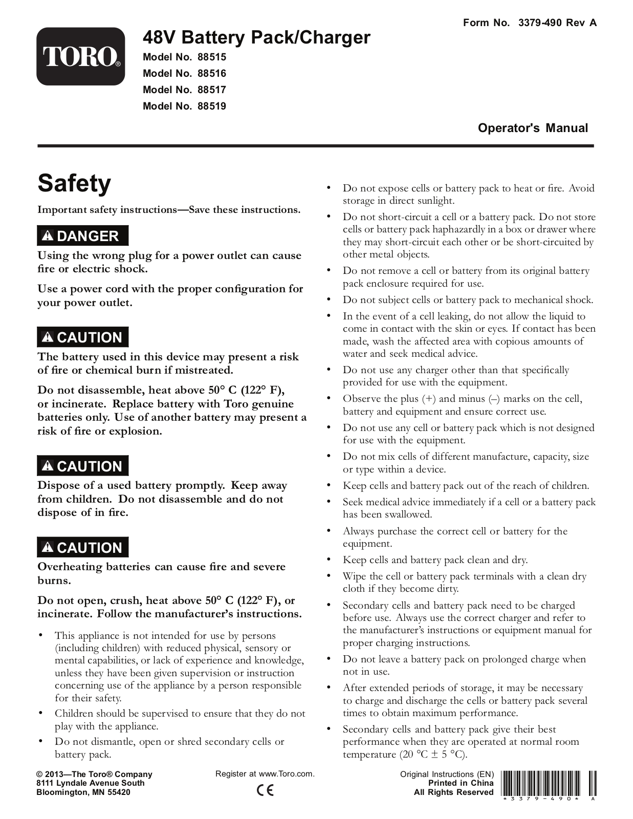 Toro 88515, 88516, 88517, 88519 Operator's Manual