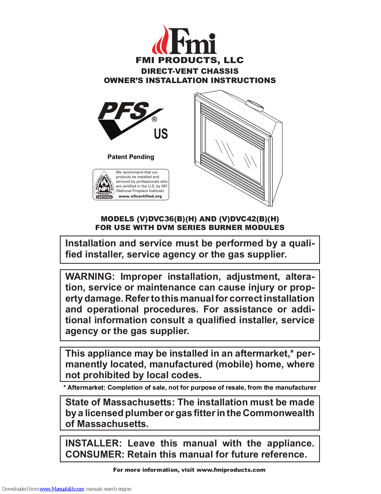 FMI VDVC36, VDVC36H, DVC36H, DVC36, VDVC42 Owner's Installation Instructions Manual