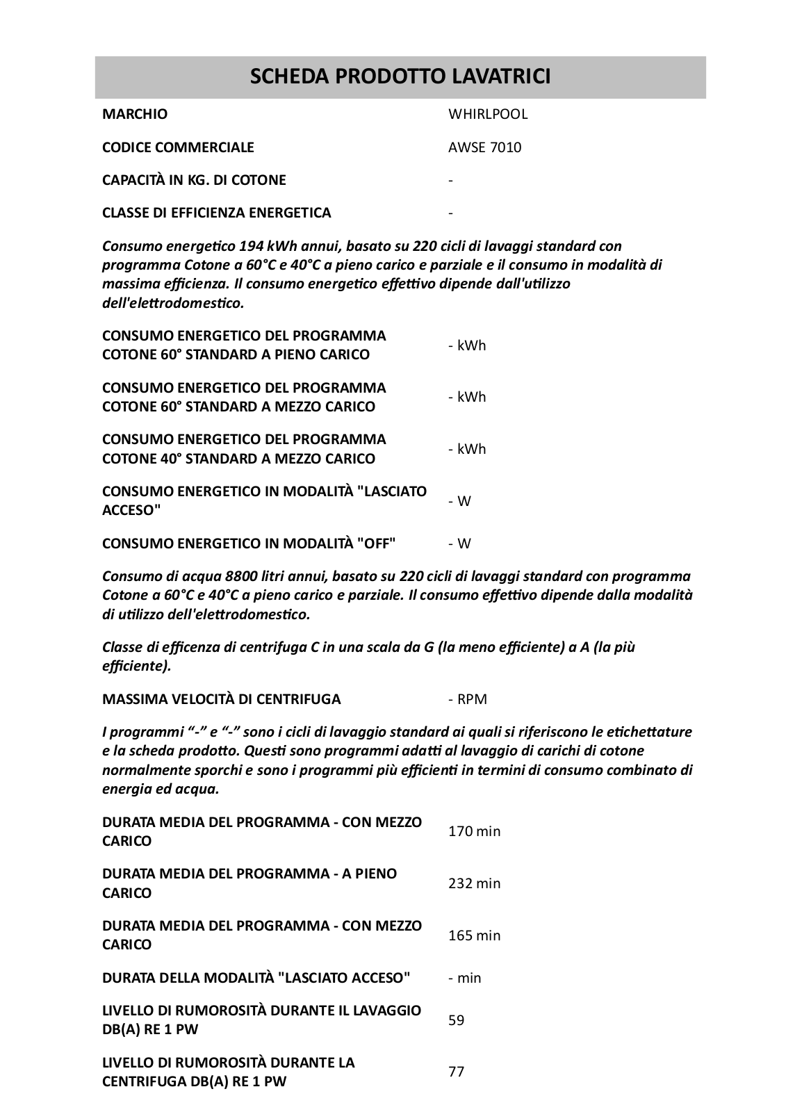 Whirlpool AWSE 7010 PRODUCT SHEET