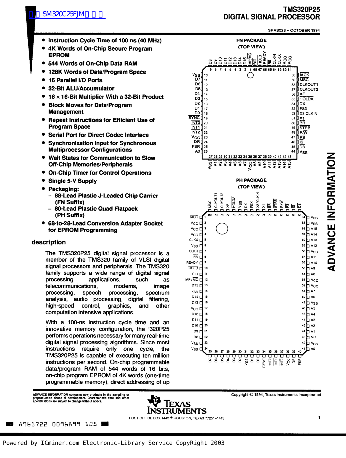 TEXAS INSTRUMENTS TMS320P25 Technical data