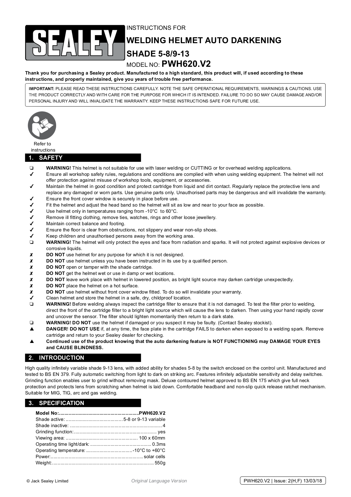 Sealey PWH620.V2,PWH601,PWH600.V2 Instructions For Use Manual