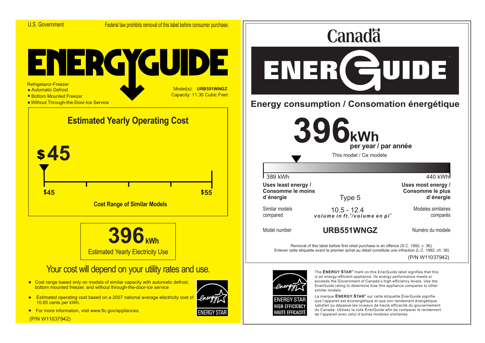 Maytag URB551WNGZ Energy Guide