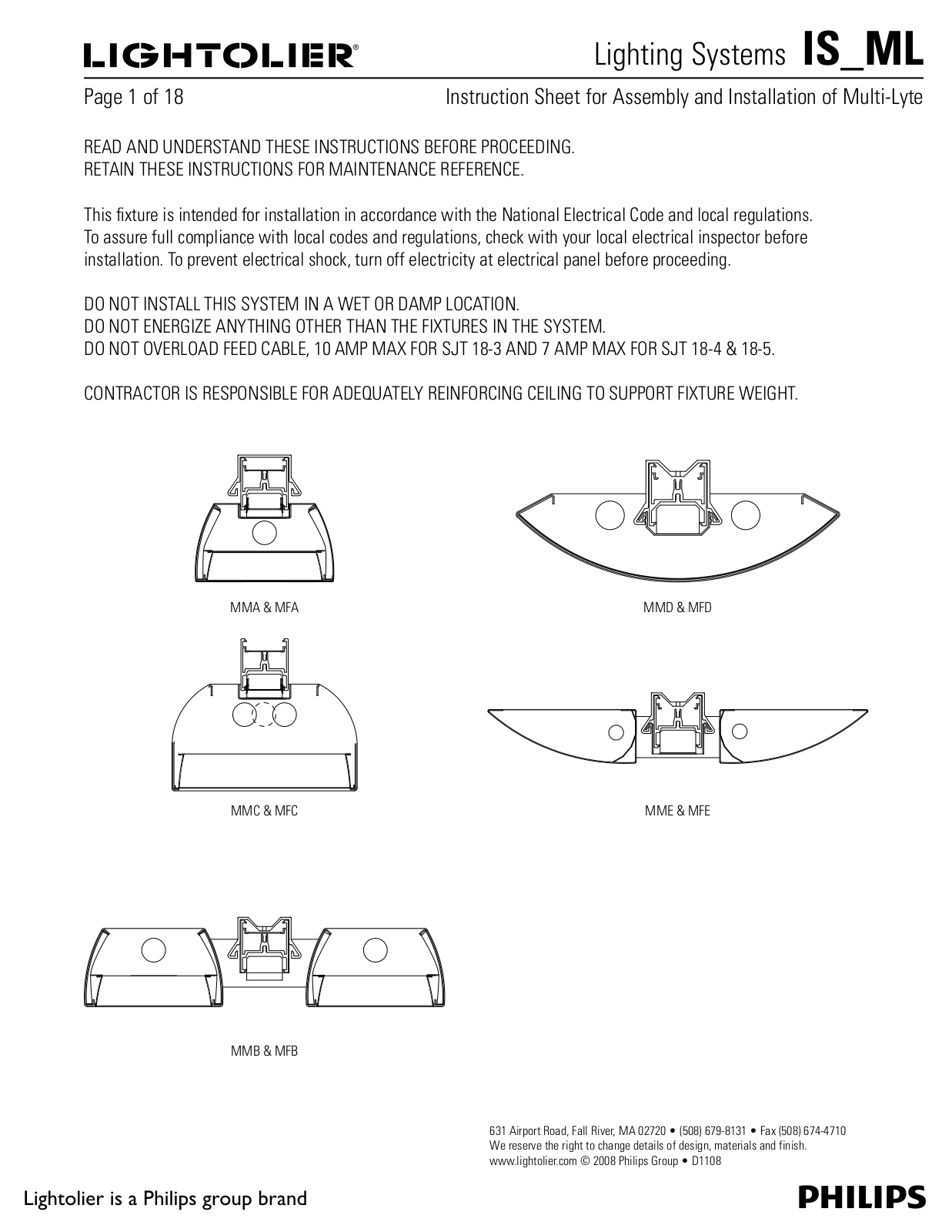 Lightolier Multi-Lyte MMC-MFC, Multi-Lyte MMB-MFB, Multi-Lyte MME-MFE, Multi-Lyte MMA-MFA, Multi-Lyte MMD-MFD User Manual