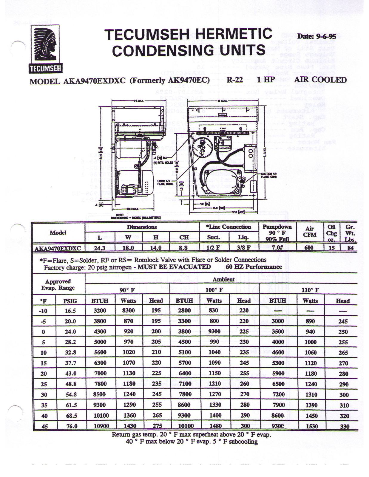 Tecumseh AKA9470EXDXC Performance Data Sheet