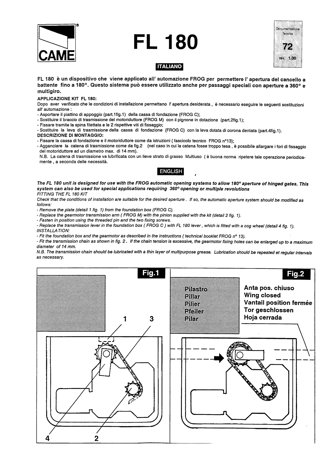 CAME FL 180 User Manual