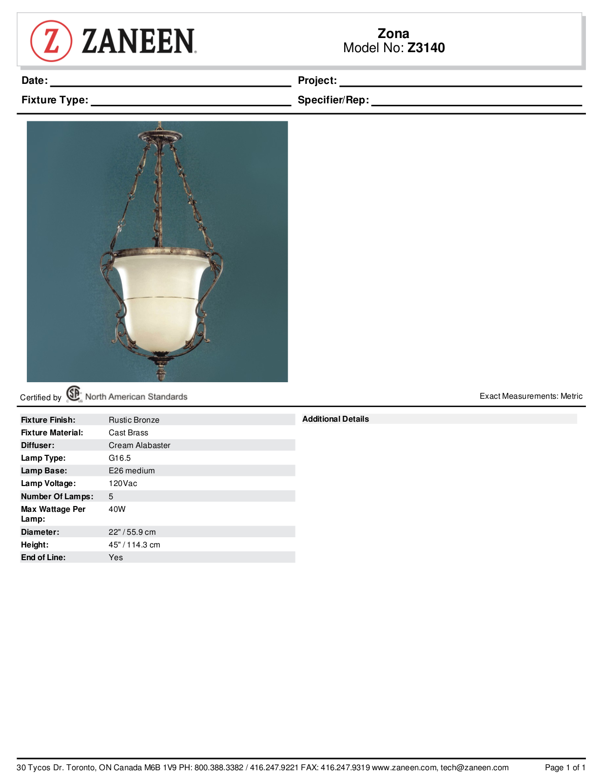 Zanin Lighting Inc. ZN1644 Specifications - ManualMachine.com