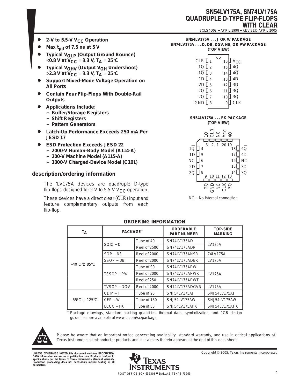 TEXAS INSTRUMENTS SN54LV75A, SN74LV175A Technical data