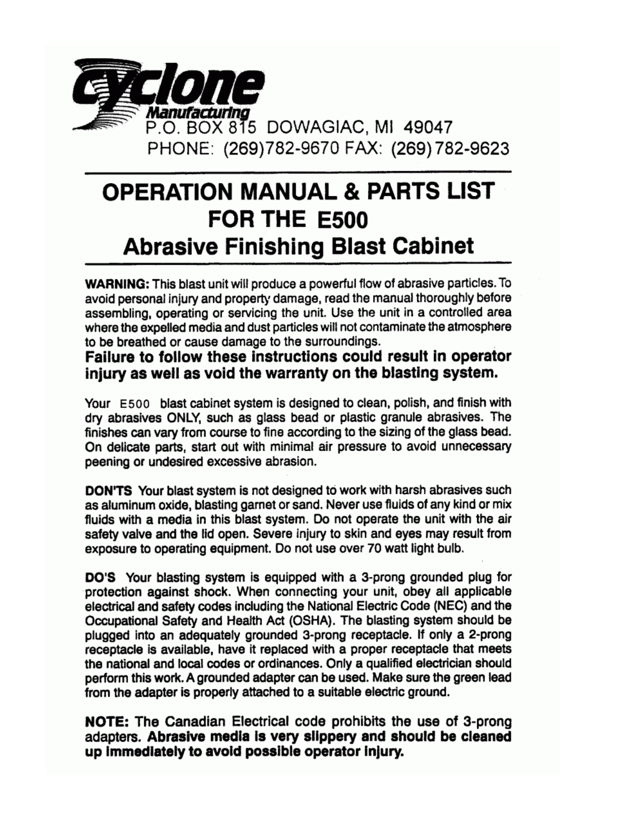Cyclone Manufacturing E500 Owners Manual - ManualMachine.com
