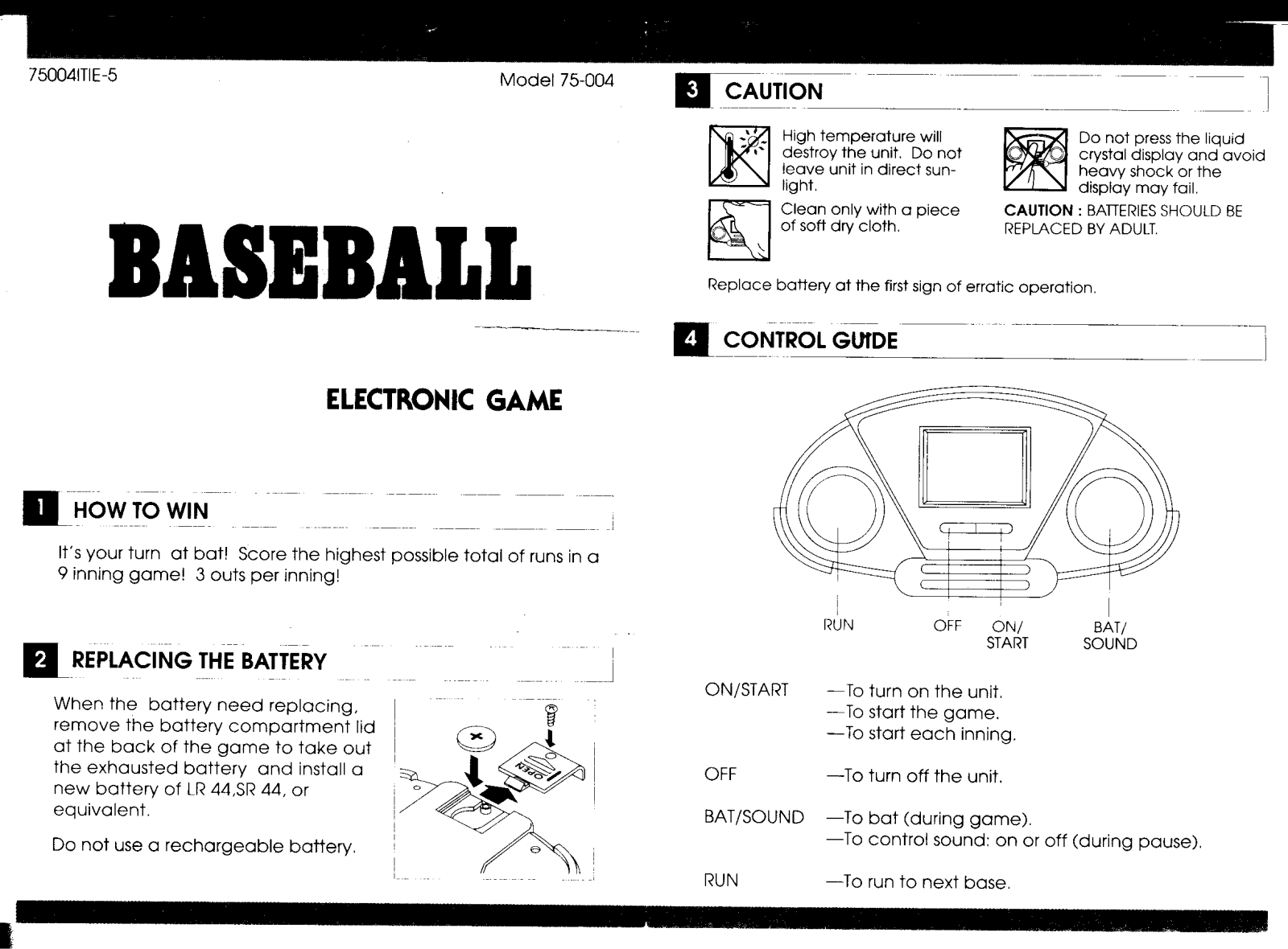 HASBRO Baseball Electronic Game User Manual