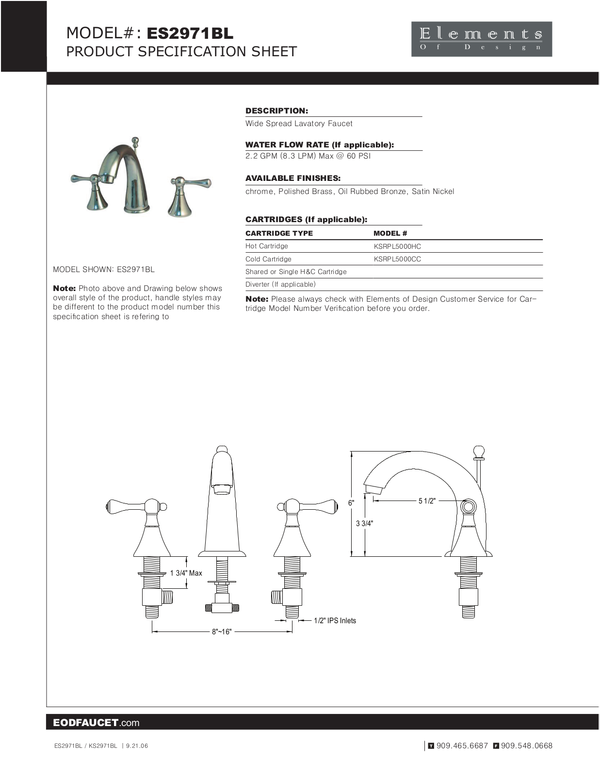 Elements of Design EDE1036 Specification Sheet - ManualMachine.com