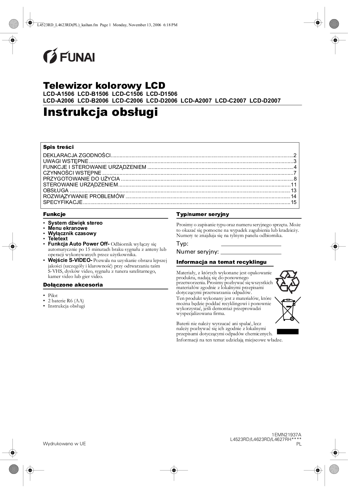 Funai LCD-D1506, LCD-D2006 Owner's Manual