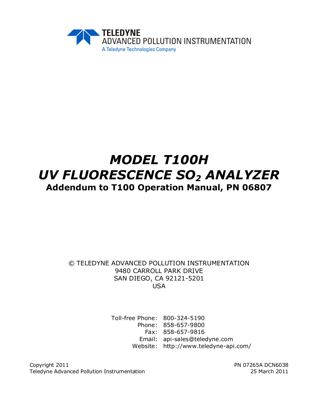 Teledyne t100h User Manual