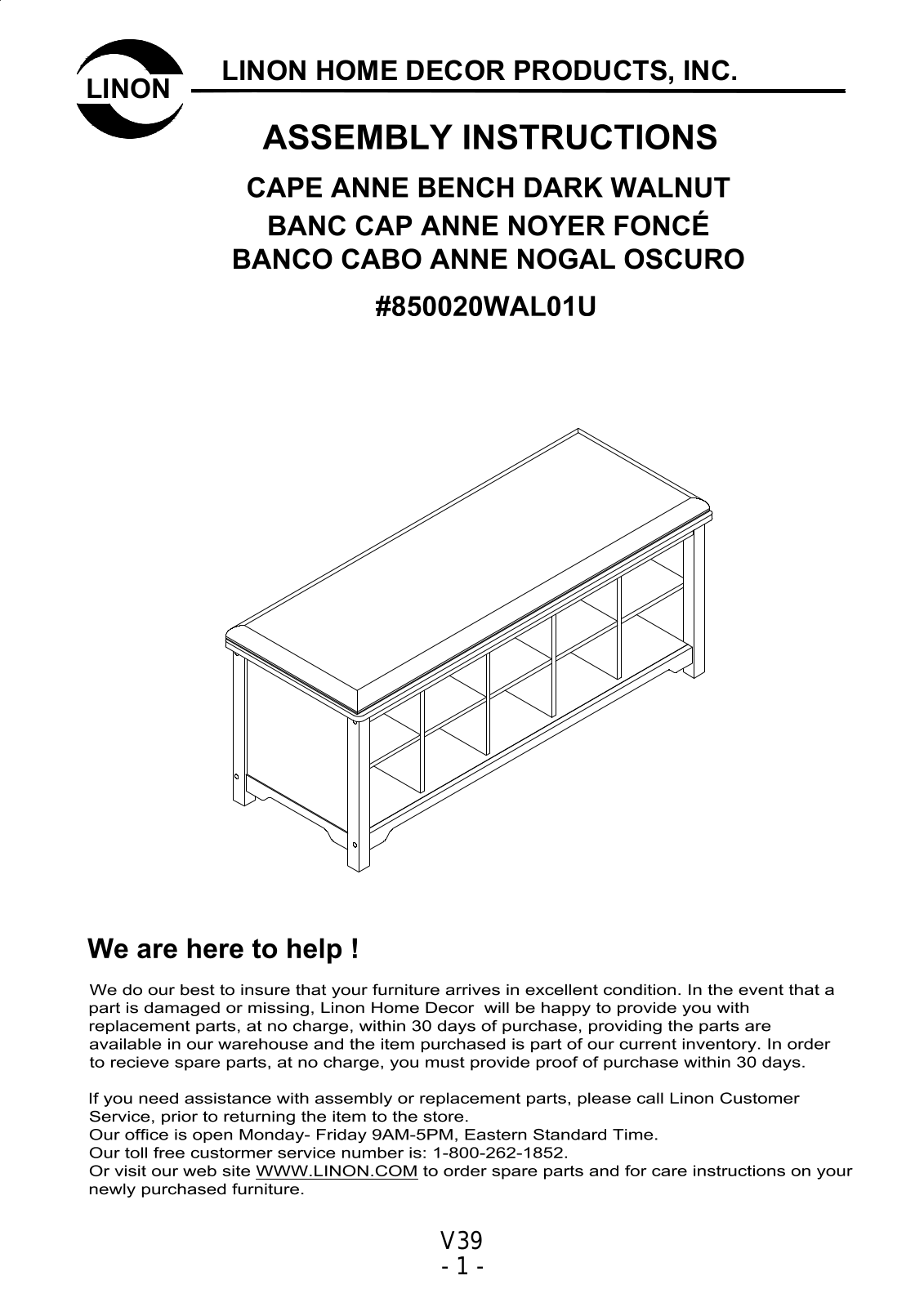Linon 850020WAL01U Assembly Guide - ManualMachine.com