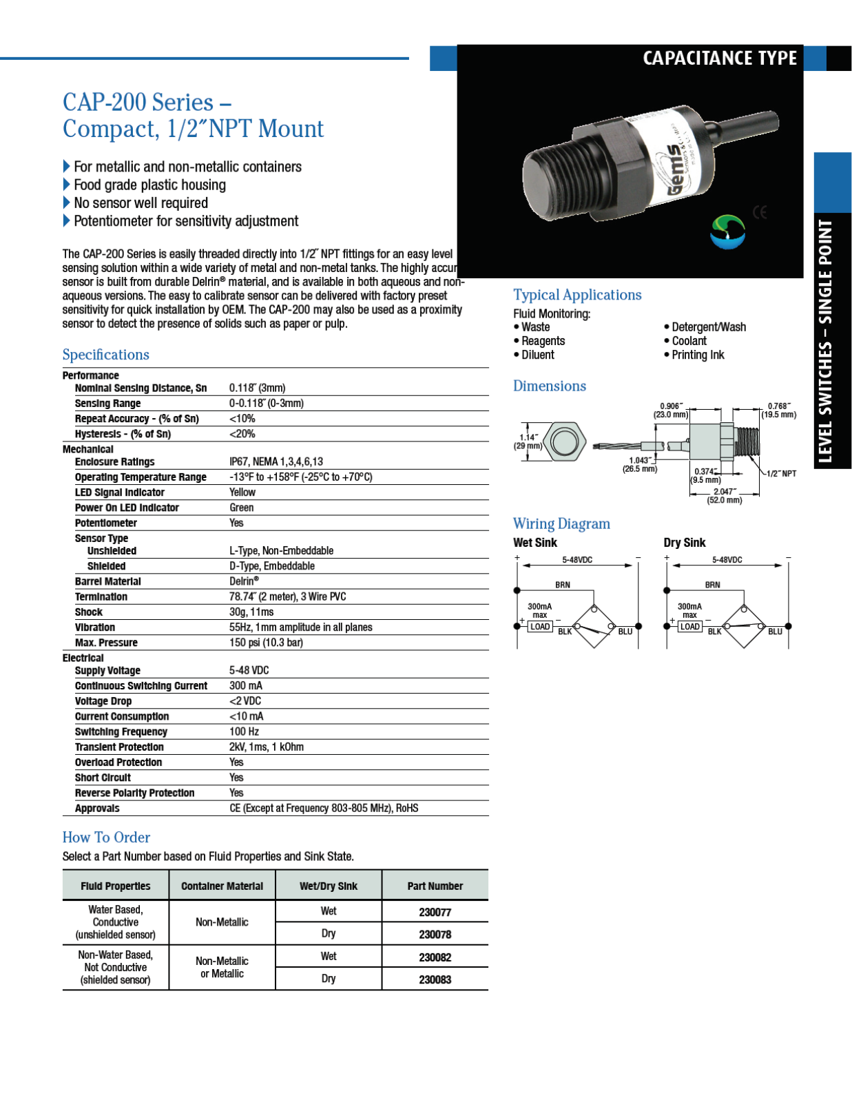 Gems Sensors & Controls CAP 200 Series Catalog Page