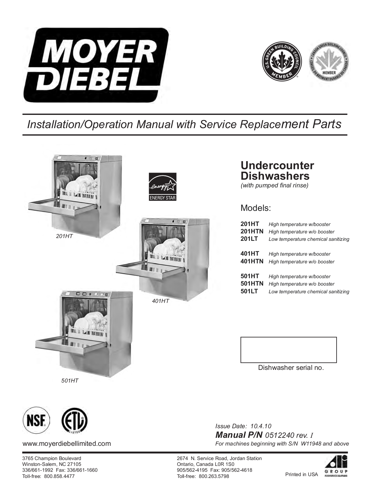 Moyer Diebel 201HT, 401HTN Installation  Manual