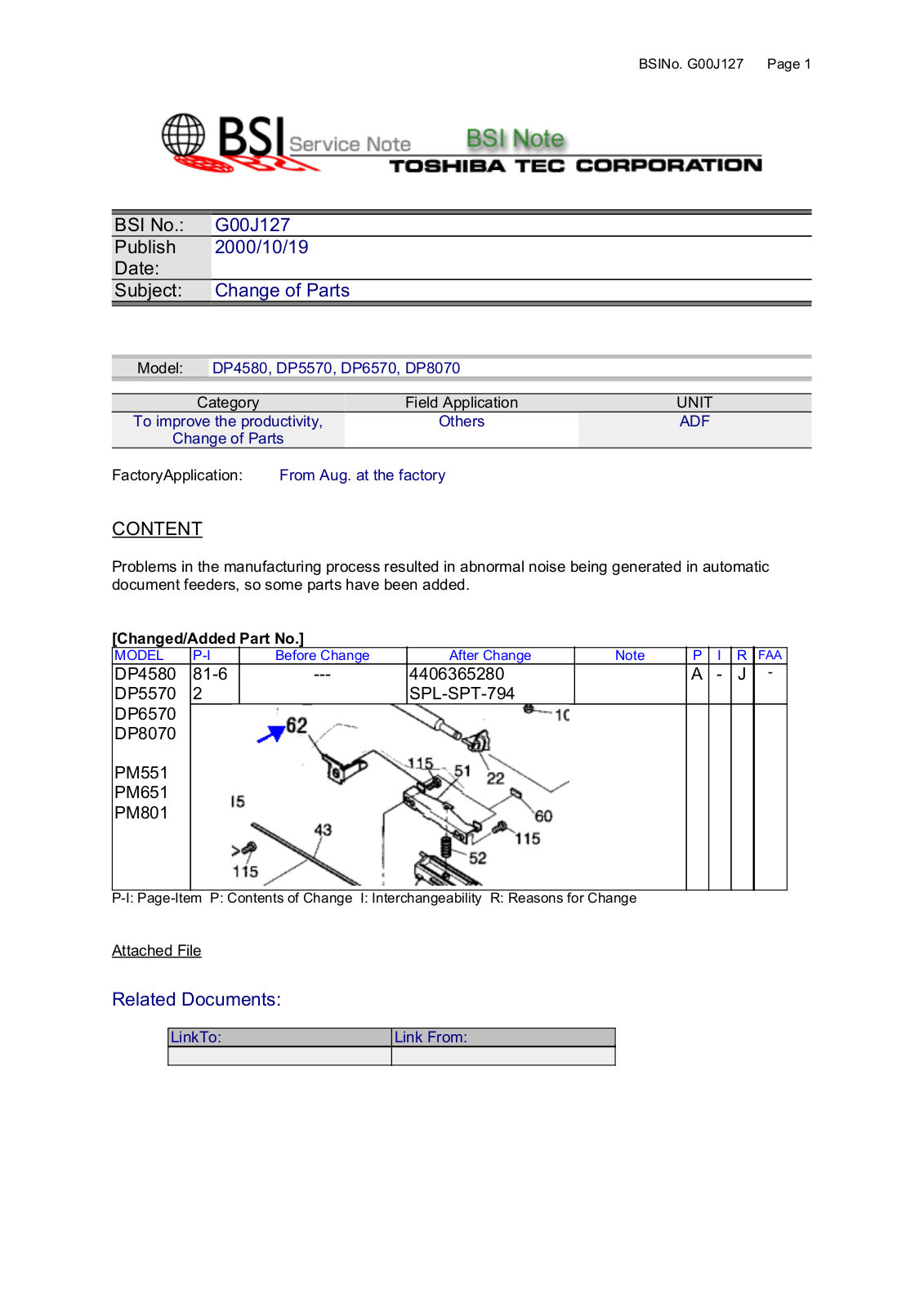 Toshiba G00J127 Service Note