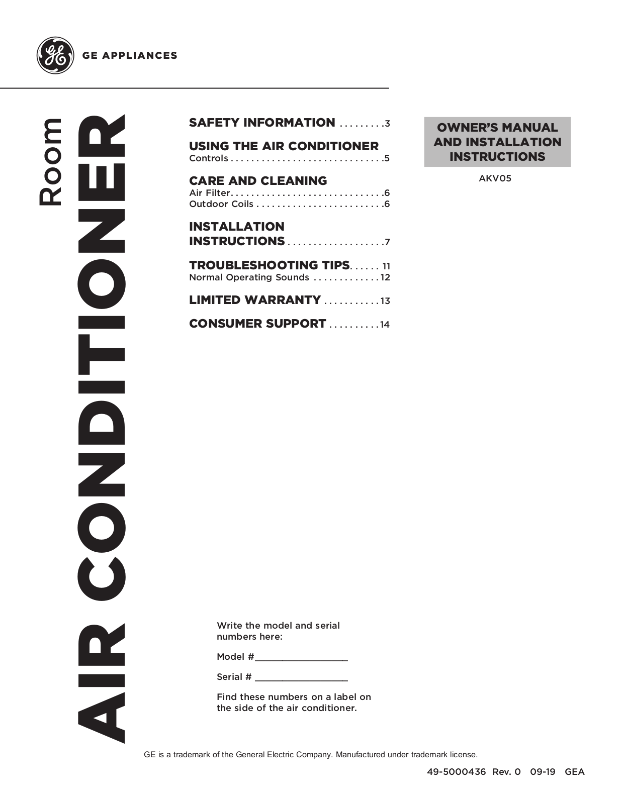 GE AKV05 Owner’s Manual & Installation Instructions