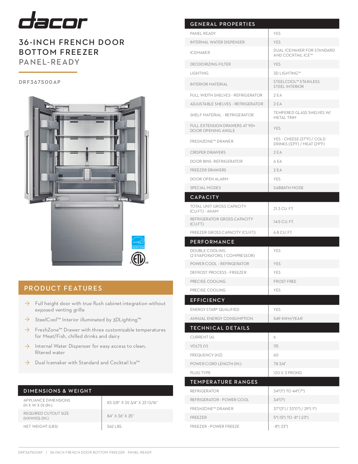 Dacor DRF367500AP Specifications