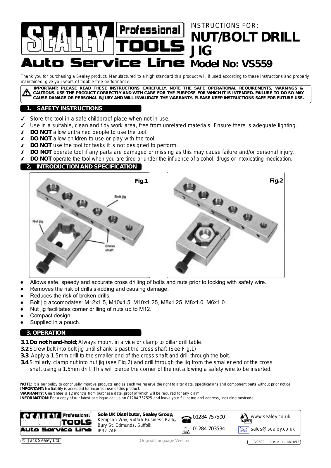 Sealey VS559 Instruction Booklet