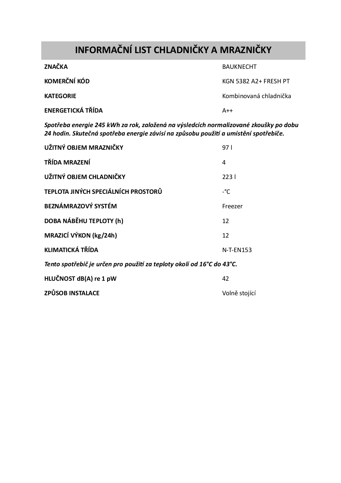 Bauknecht KGN5382 A2+ PT Fresh User Manual