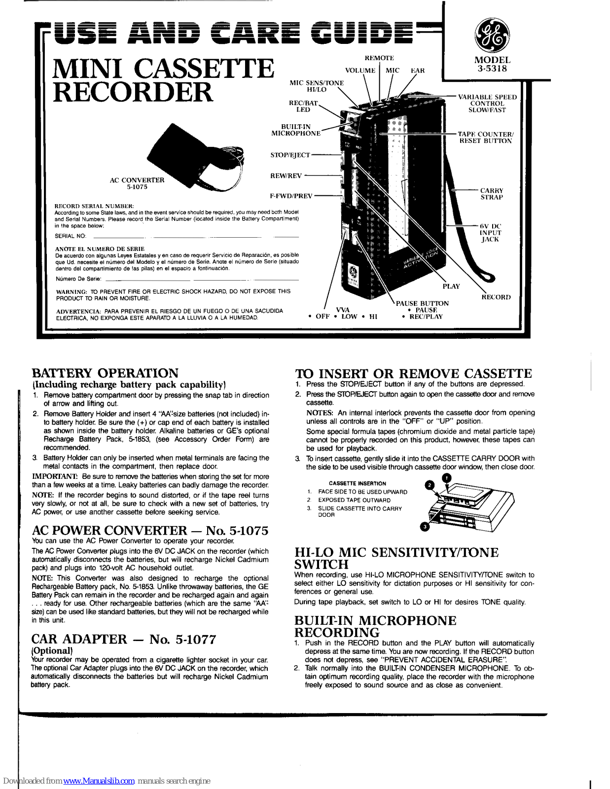 GE 3-5318 Use And Care Manual