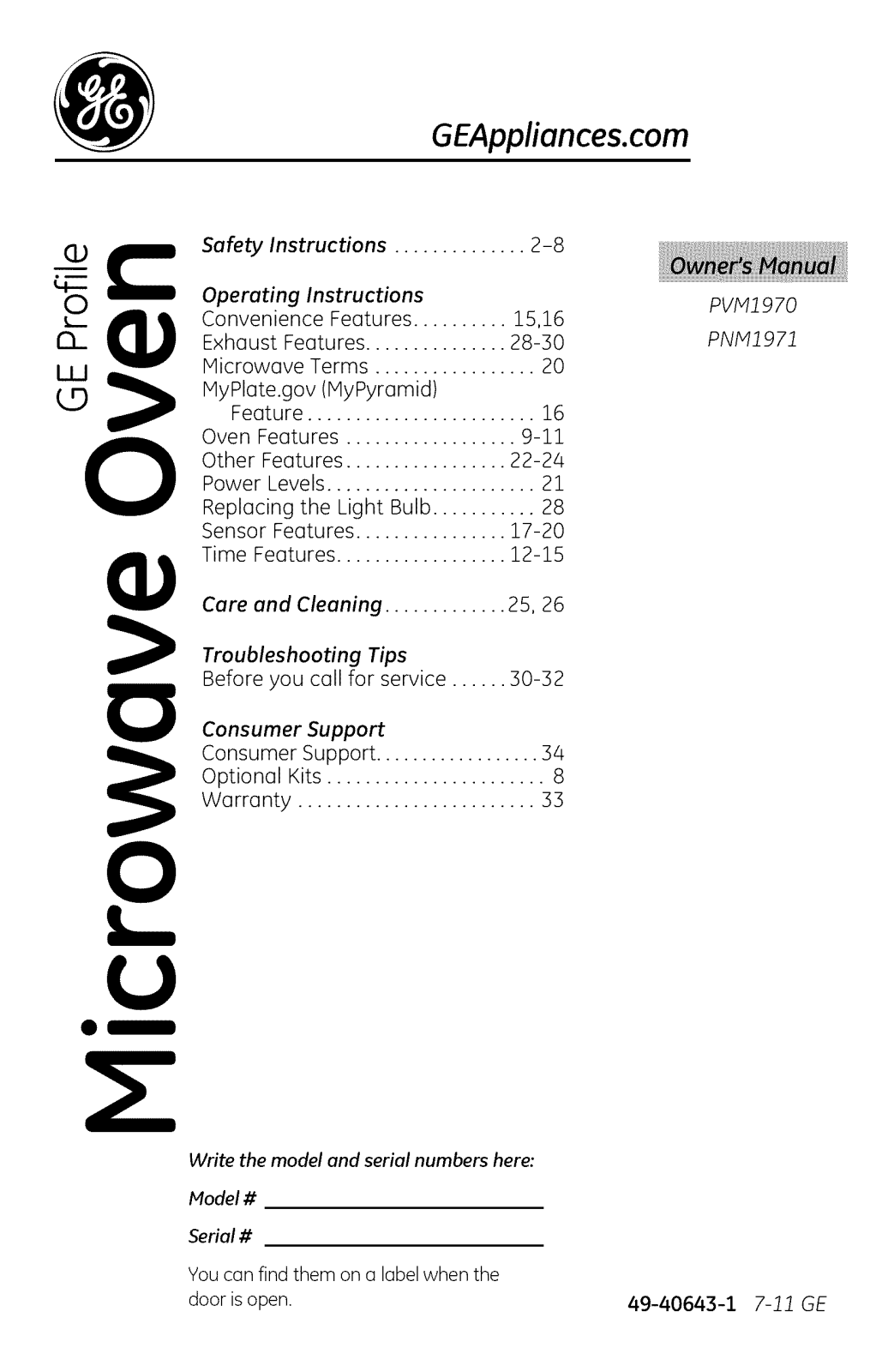 GE PVM1970SR1SS, PVM1970DR1WW, PVM1970DR1CC, PVM1970DR1BB, PNM1971SR1SS Owner’s Manual