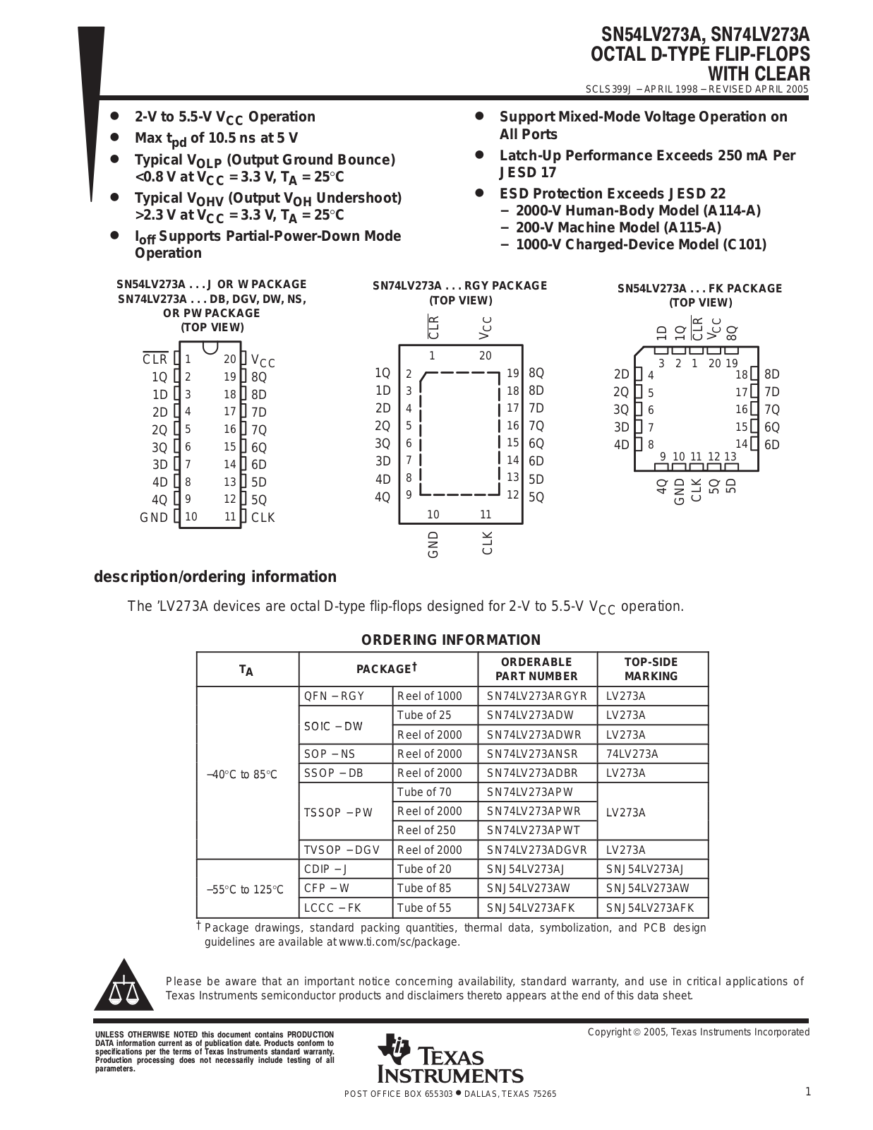 TEXAS INSTRUMENTS SN54LV273A, SN74LV273A Technical data