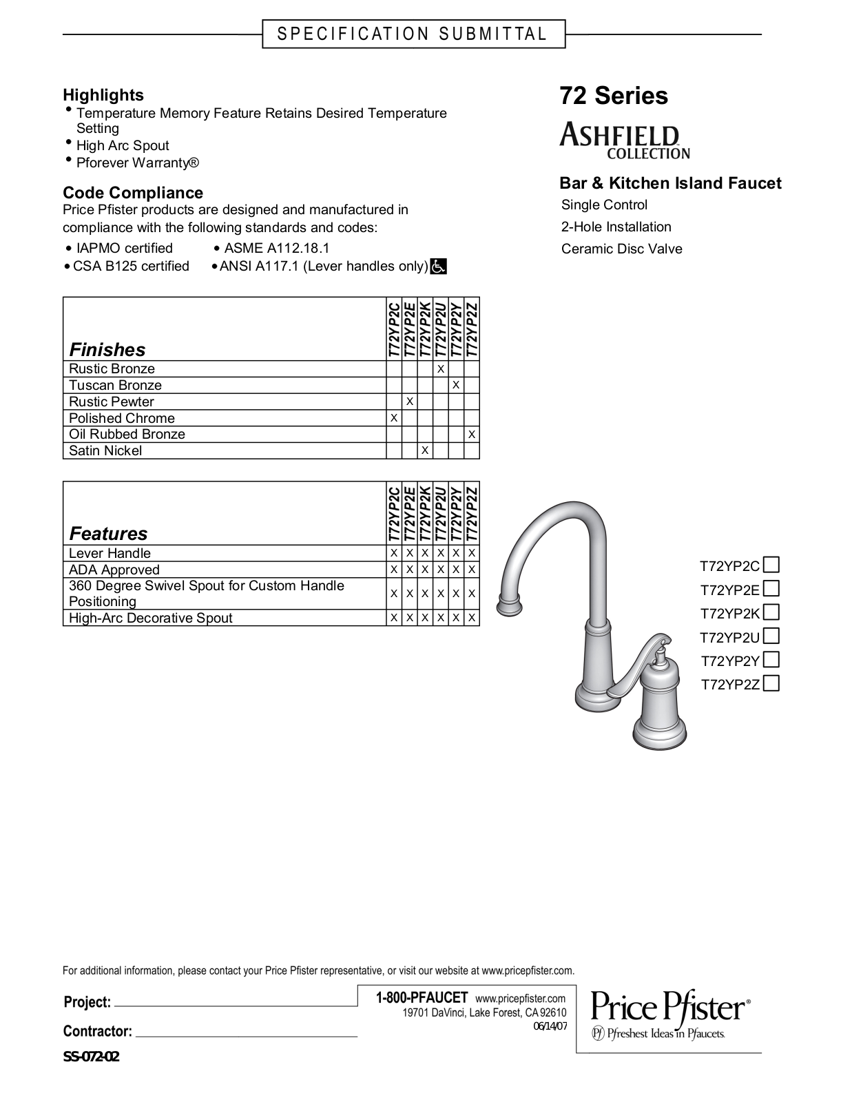 Pfister PPR2507 Specifications - ManualMachine.com
