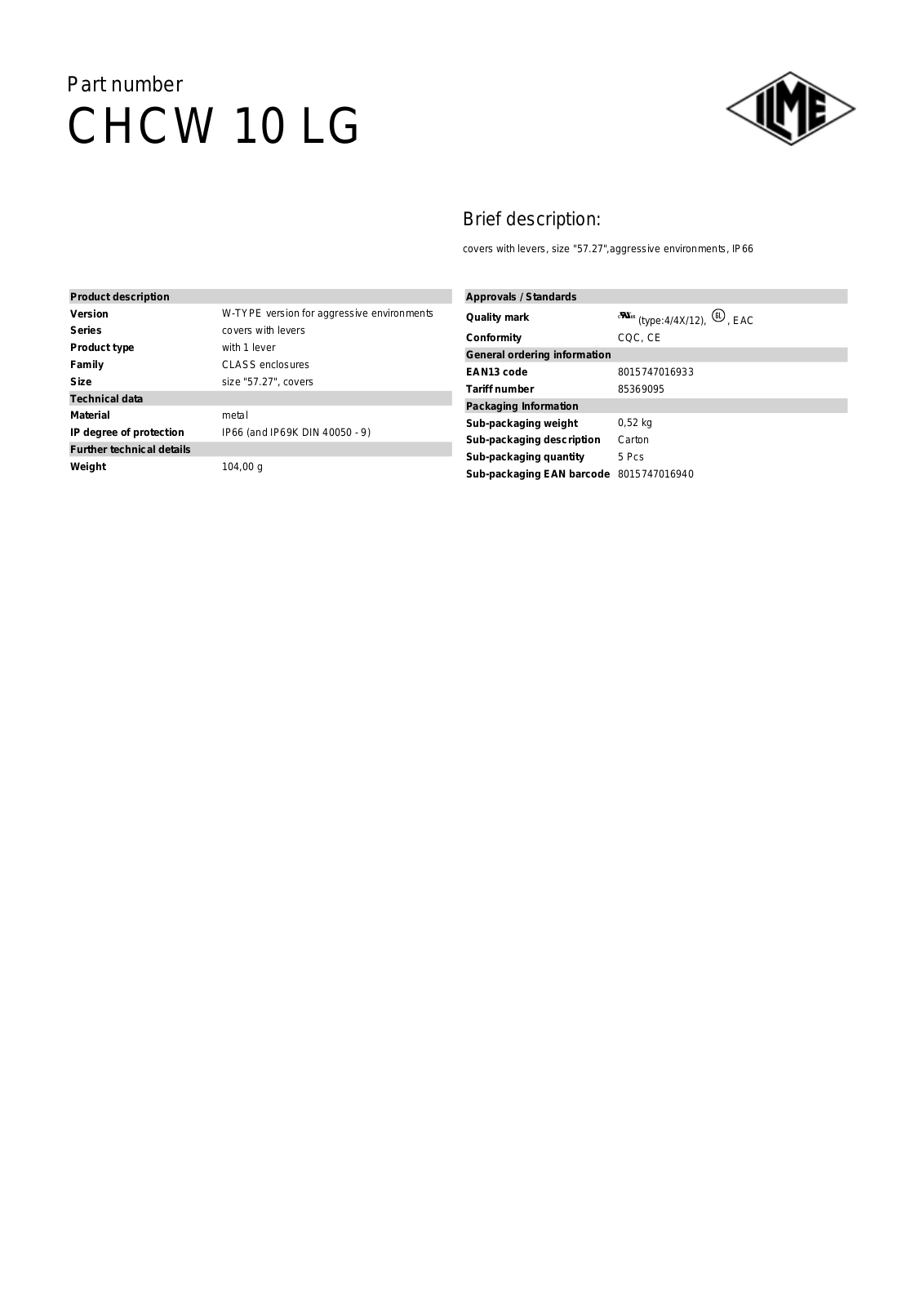 ILME CHCW-10LG Data Sheet