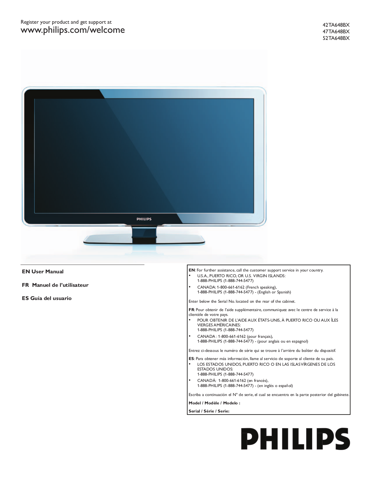 Philips 52TA648BX, 47TA648BX User Manual