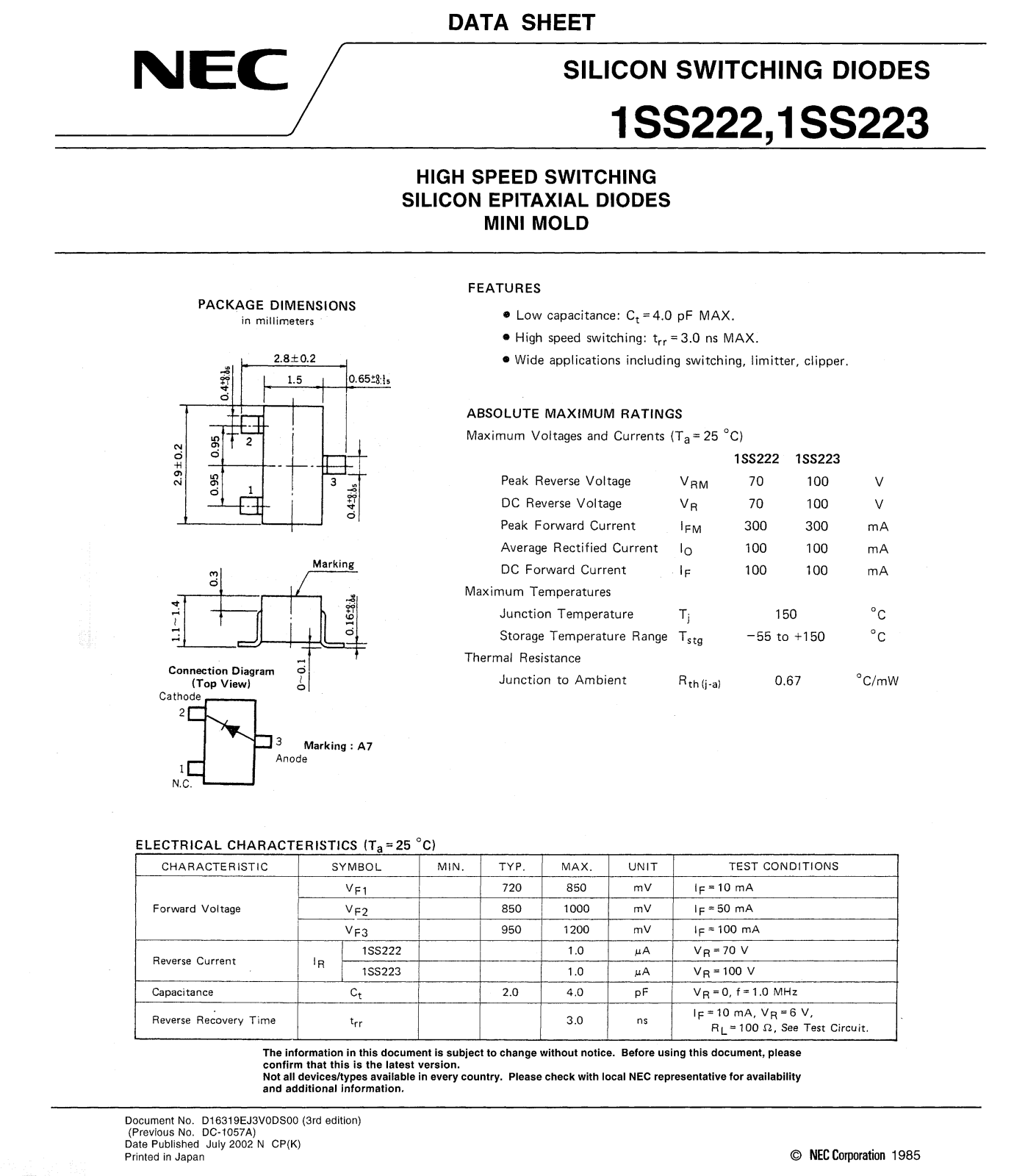 NEC 1SS222, 1SS223 DATA SHEET