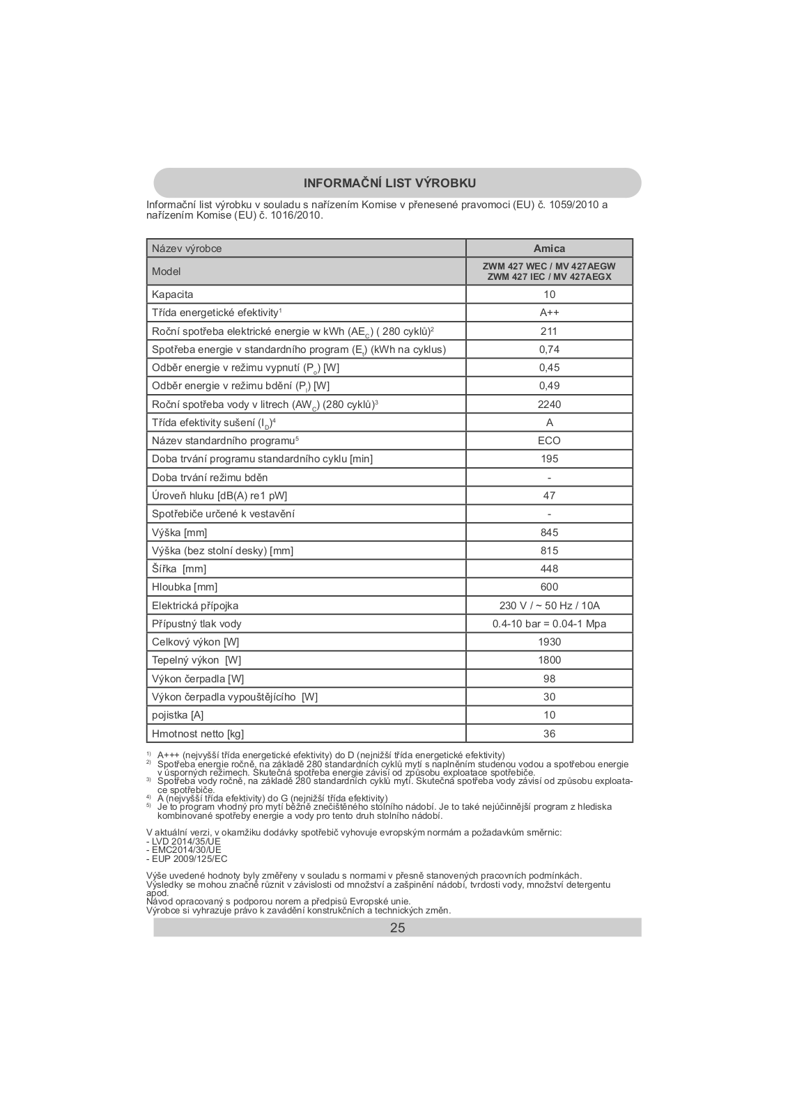 Amica MV 427 AEGX User Manual