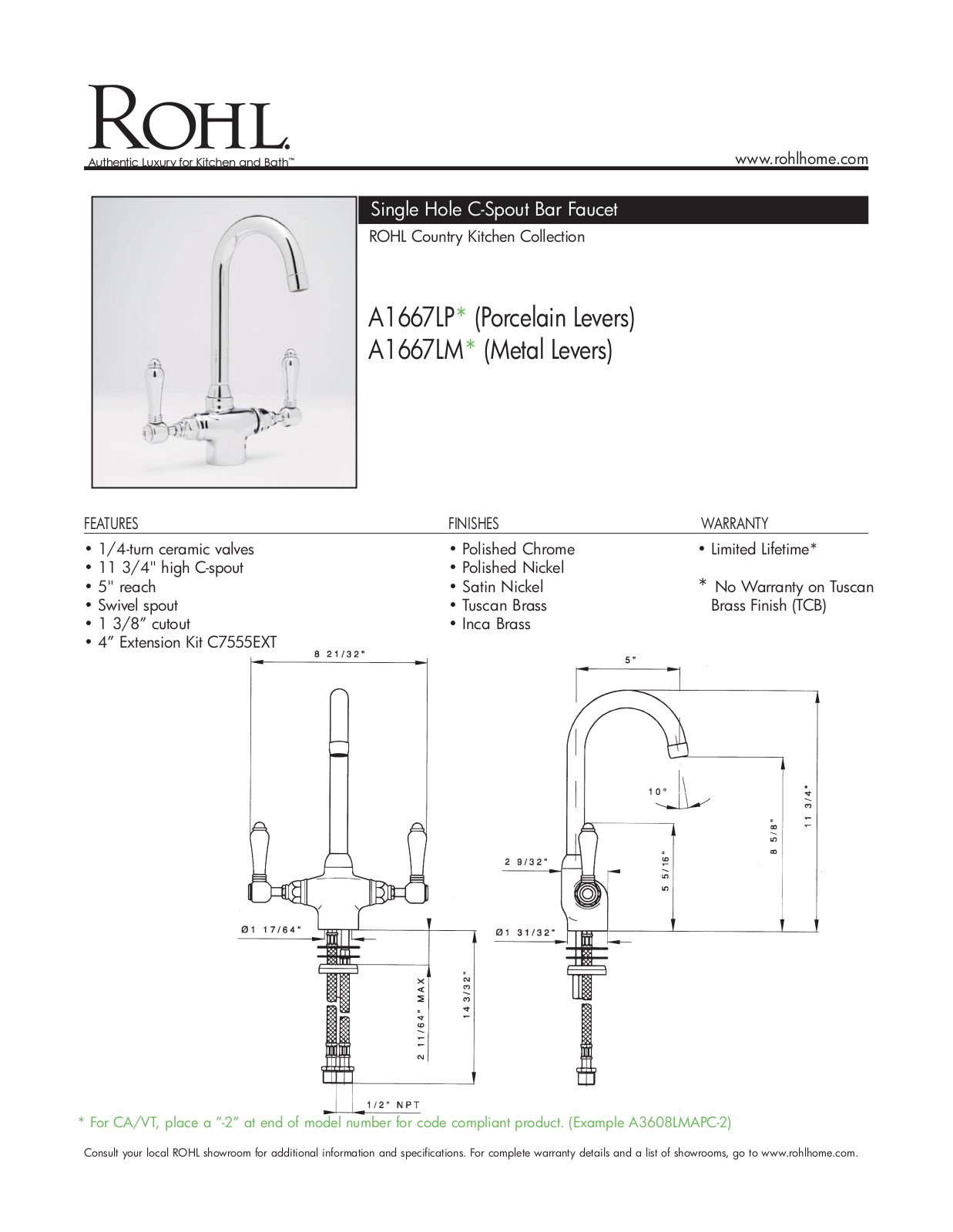 Rohl A1667LPSTN2 Specs