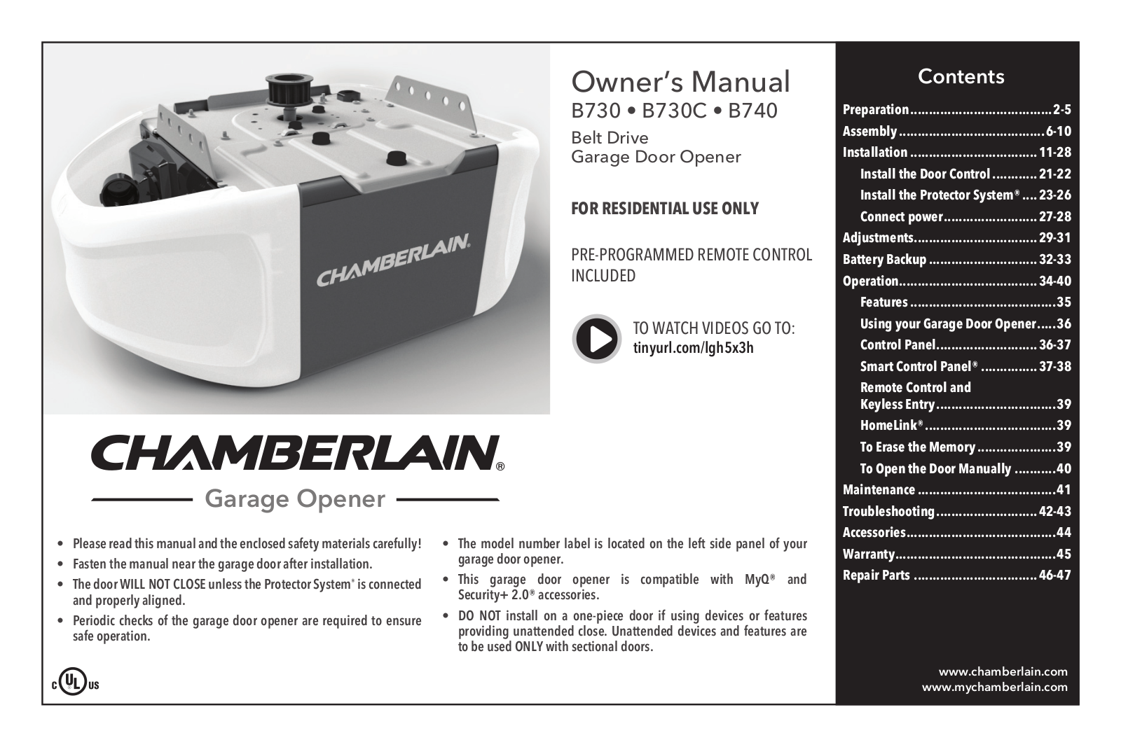 Chamberlain B740, B730C, B730 User Manual