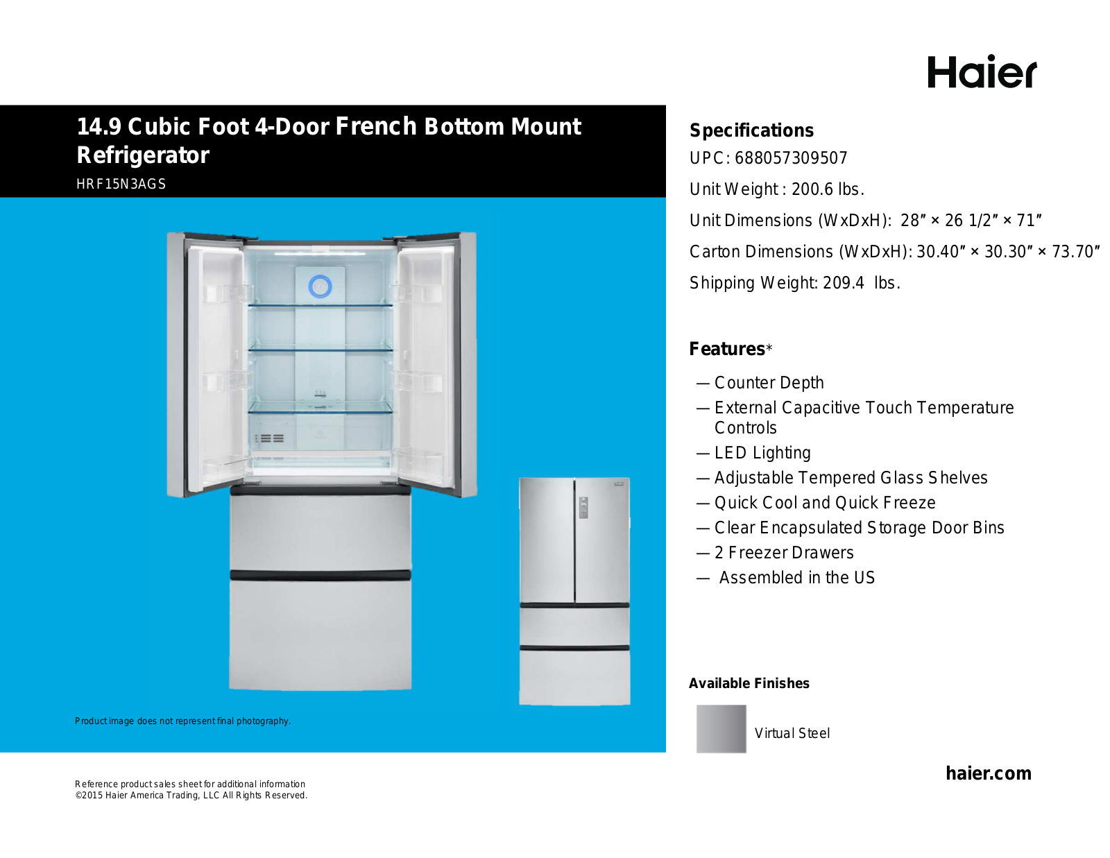 Haier HRF15N3AGS Product Specifications - Download