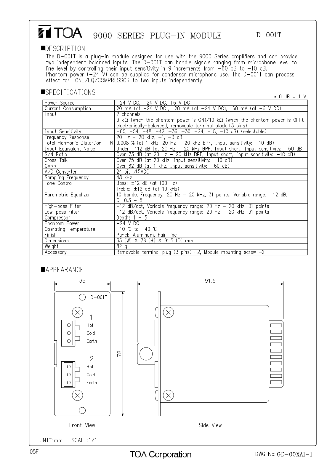 TOA D-001T User Manual