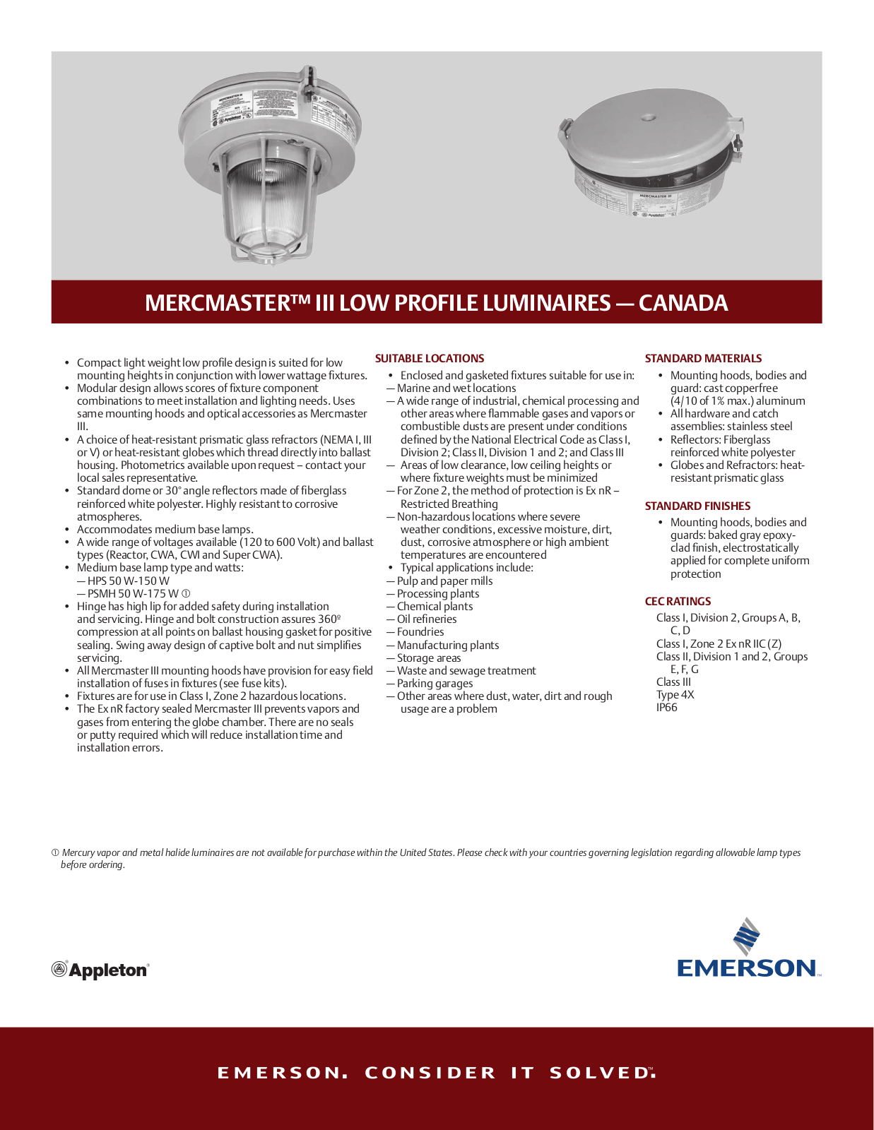 Appleton MERCMASTER™ III LOW PROFILE LUMINAIRES Data Sheet