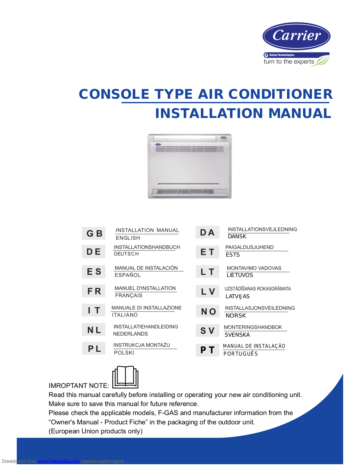 Carrier 42QZA009DS Series, 42QZA012DS Series, 42QZA012D8 Series, 38QUS018DS Series, 38QUS012DS Series Installation Manual