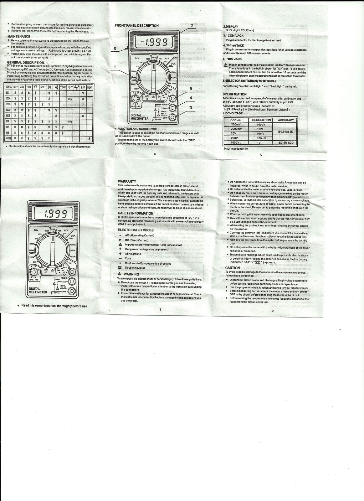 Uni-t DT 830BL, DT 830A, DT 838, DT 830, DT 830B User Manual