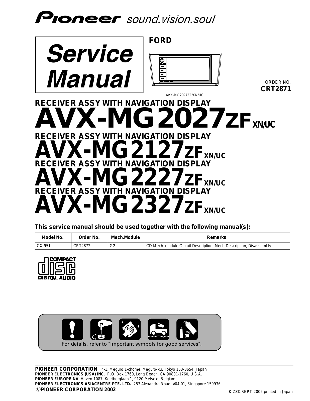 Pioneer AVX-MG2027ZF, AVX-MG2127ZF, AVX-MG2227ZF, AVX-MG2327ZF Service Manual