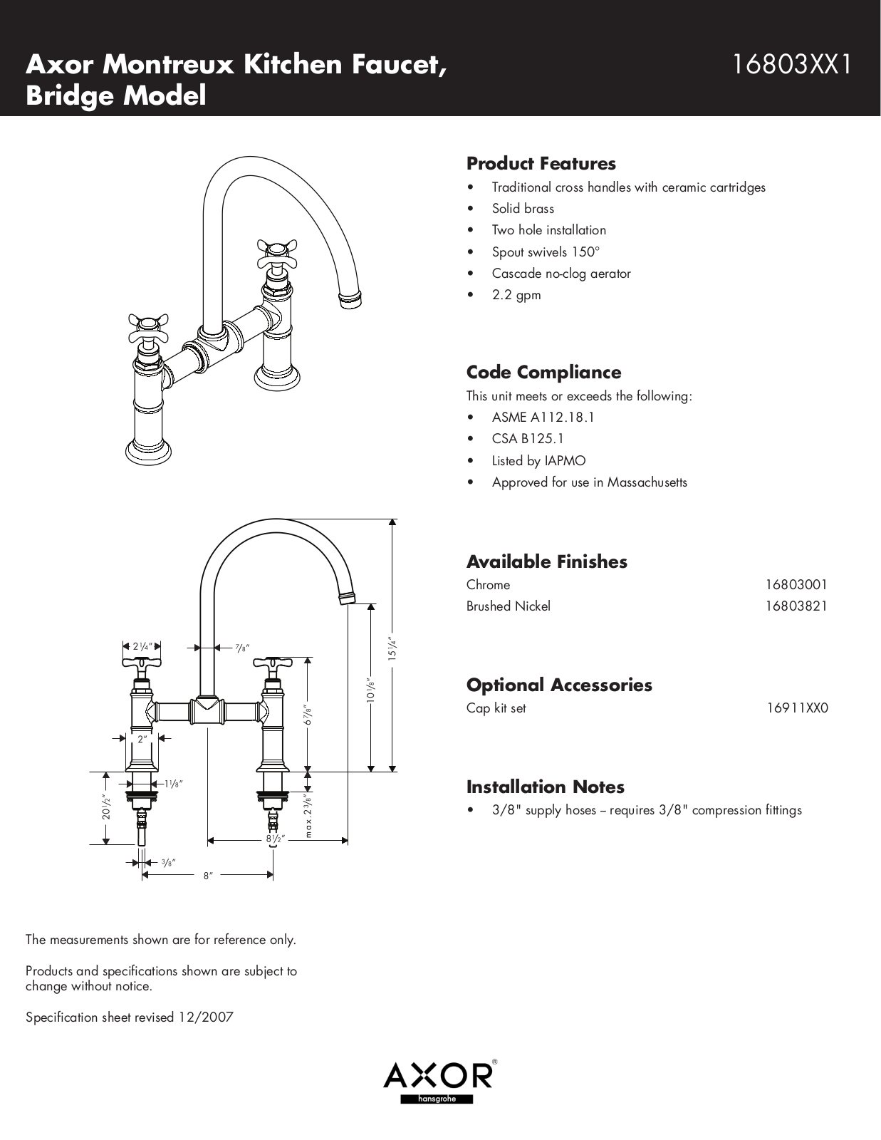 Axor Bridge, 16803001, 16803821 User Manual