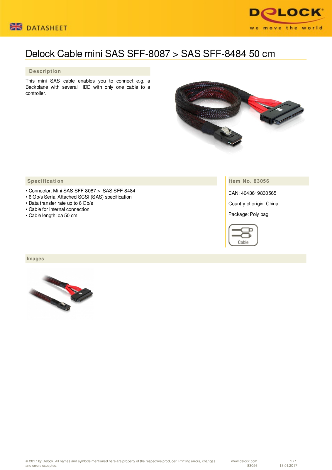 DeLOCK mini SAS  SFF-8087  to SAS  SFF-8087  cable, 0.5m User Manual