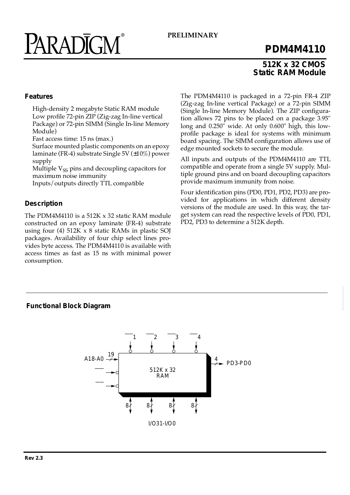 PARADIGM PDM4M4110S20Z, PDM4M4110S25M, PDM4M4110S25Z, PDM4M4110S35M, PDM4M4110S35Z Datasheet