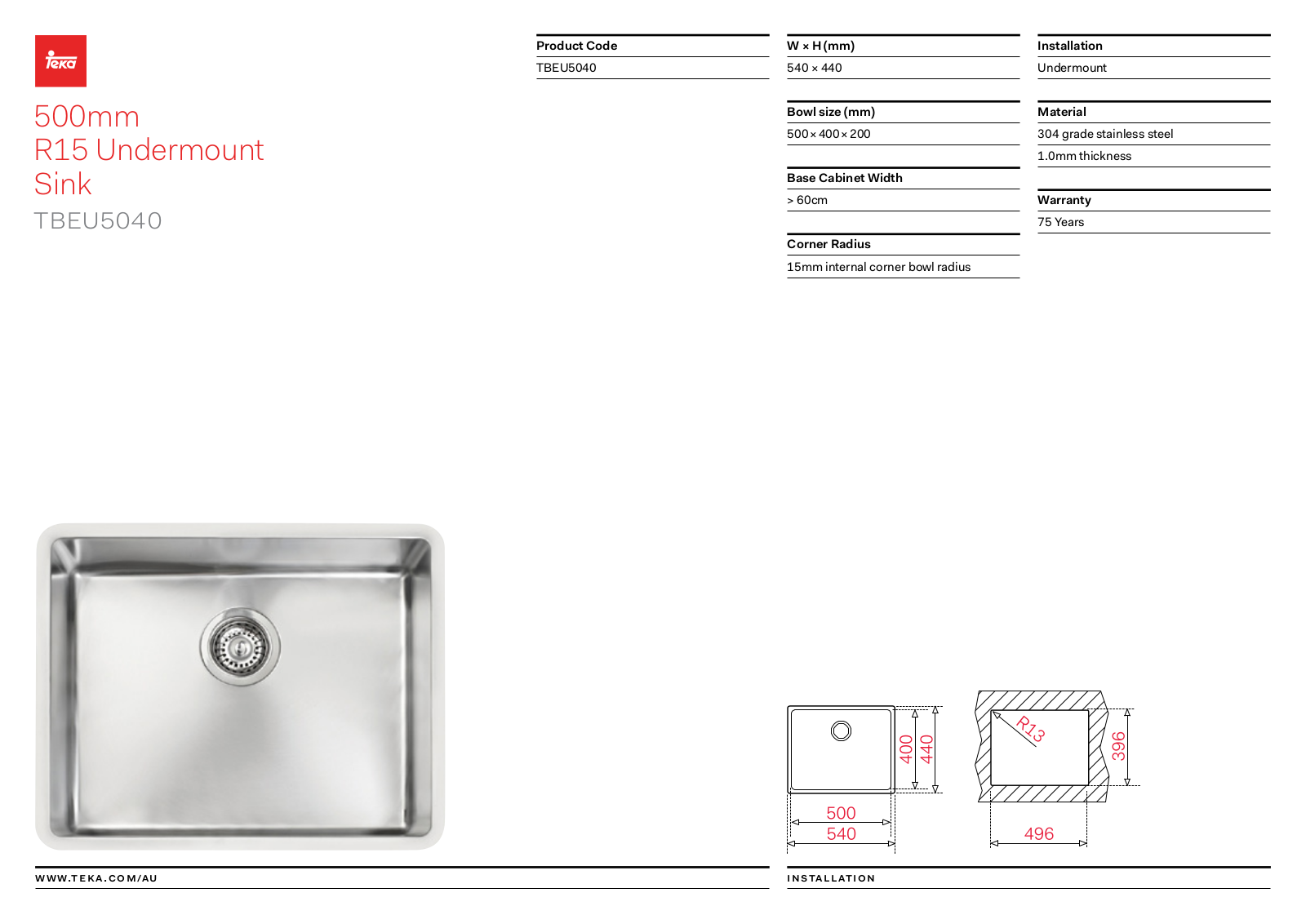 Teka TBEU5040 Specifications Sheet